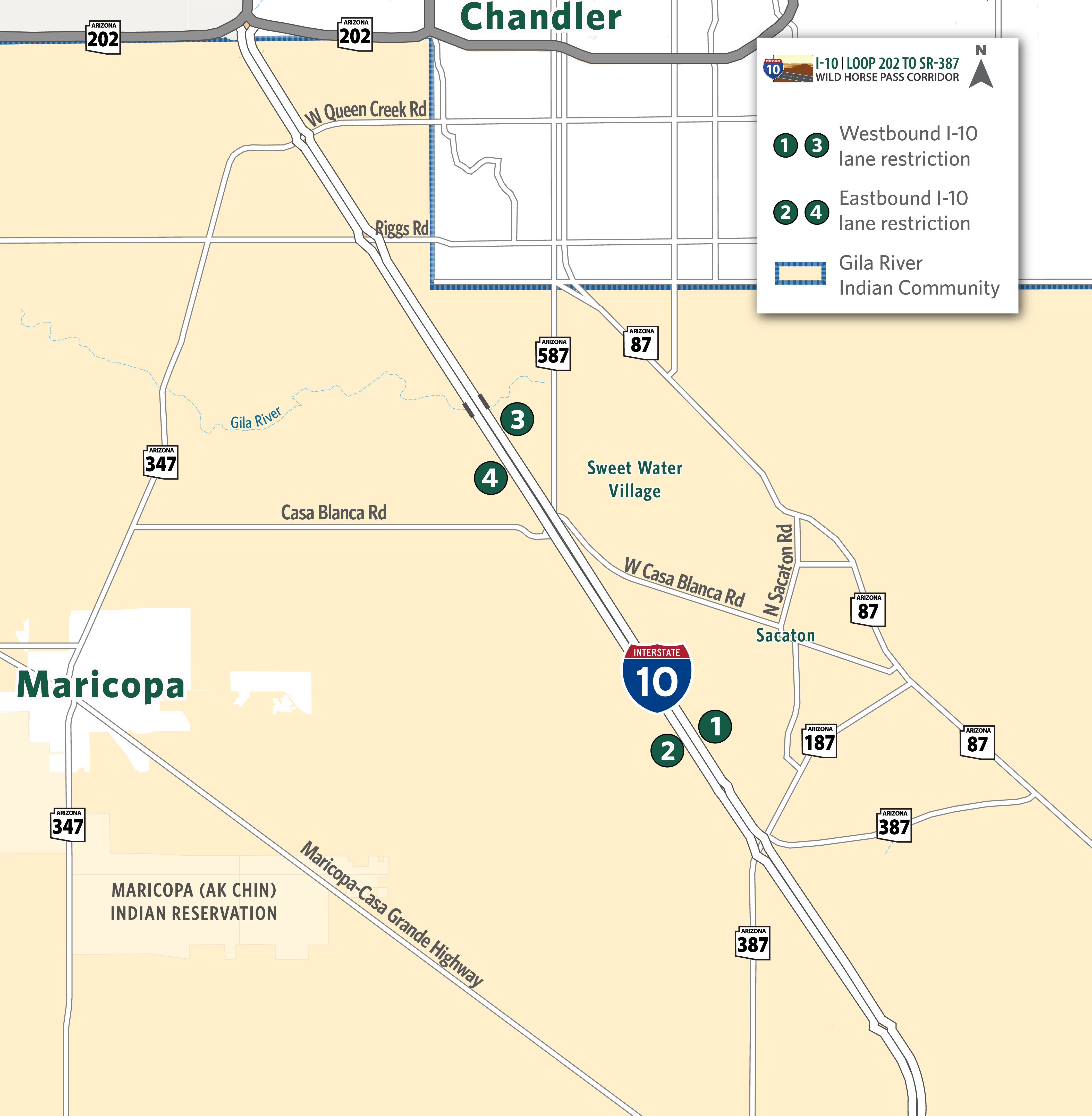 Map identifying I-10 eastbound and westbound lane restrictions from the Goodyear Road to Dirk Lay Road. 