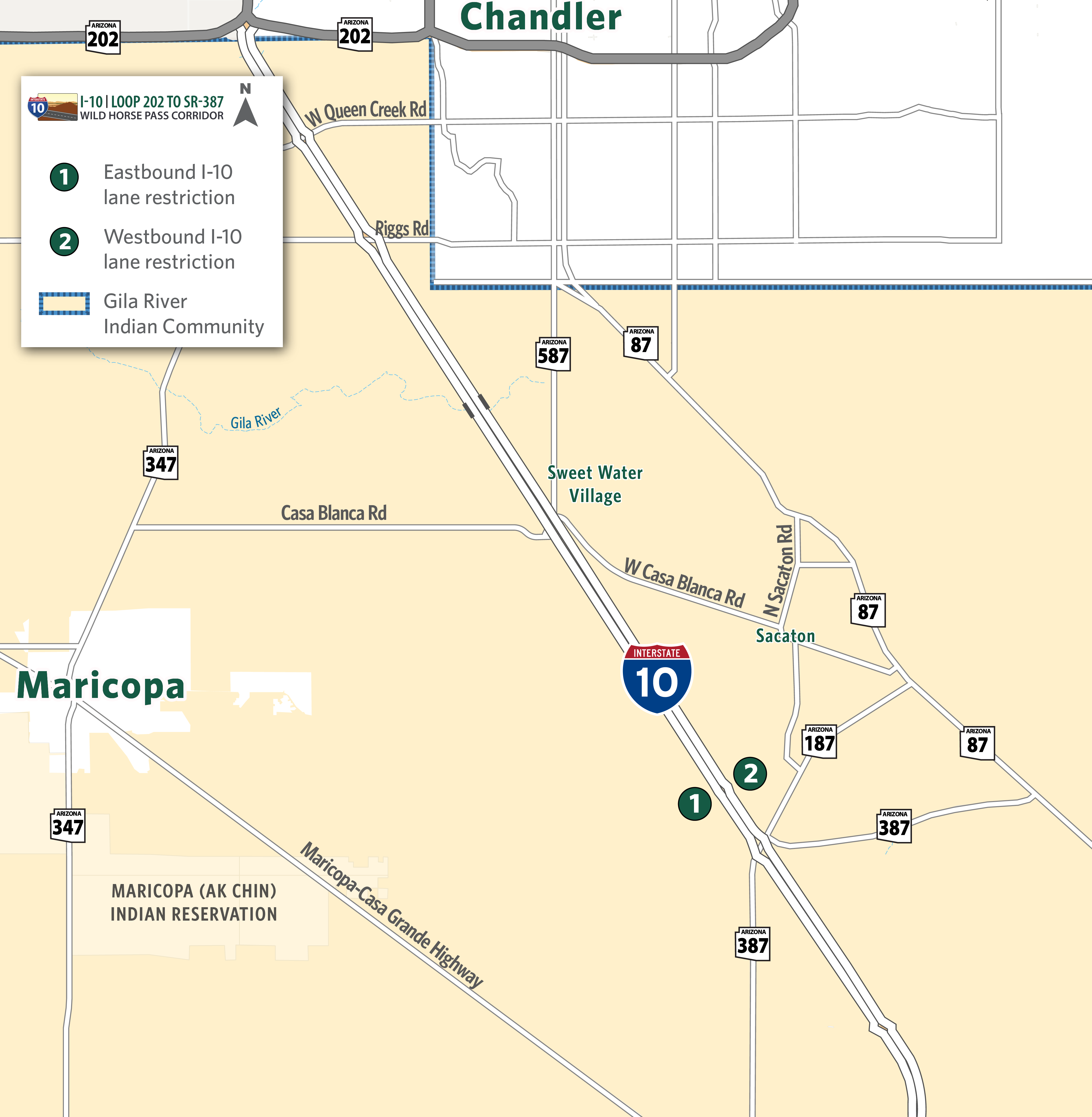 map of westbound and eastbound I-10 detours in the Wild Horse Pass Corridor