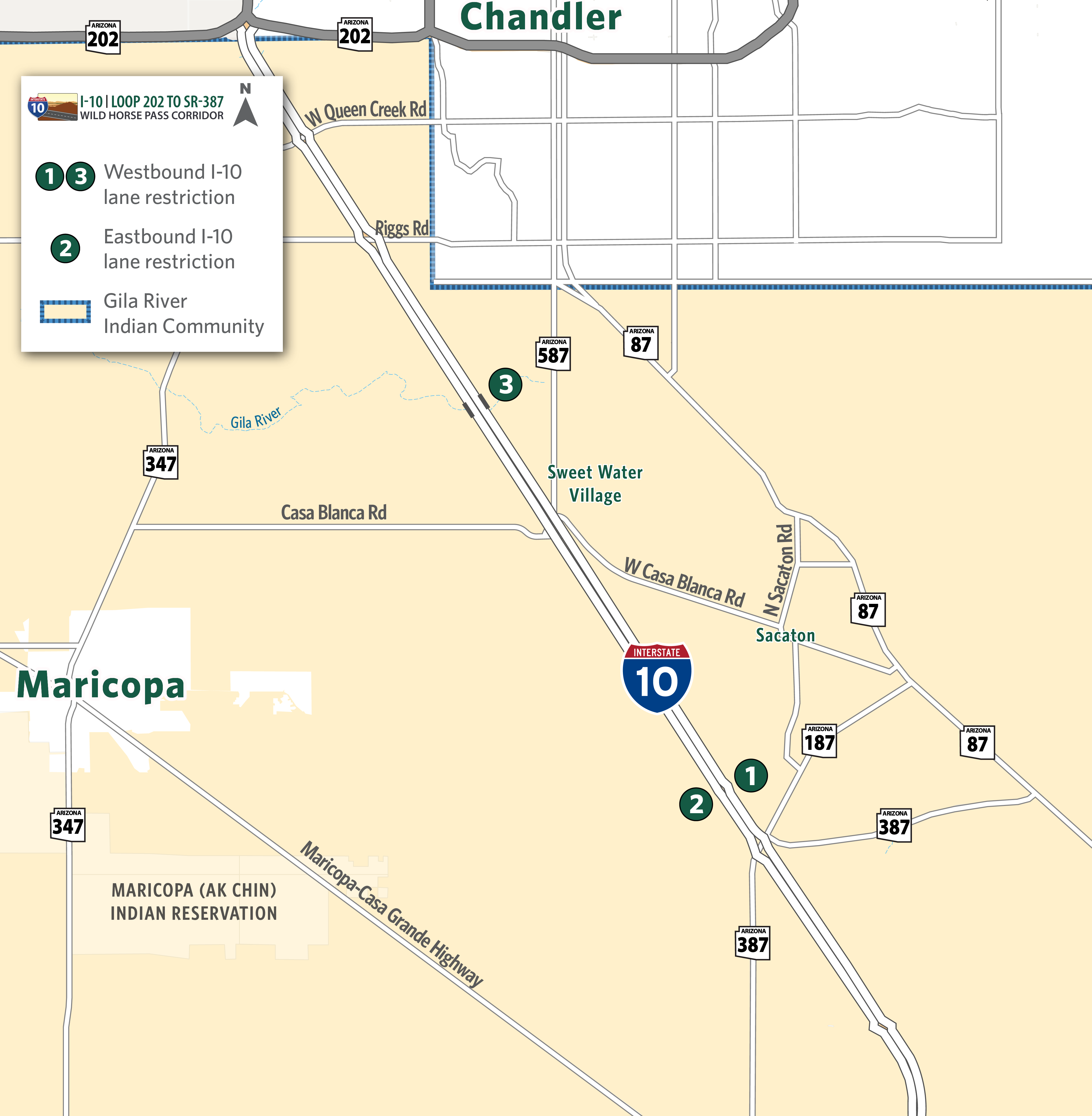 Map identifying eastbound and westbound restrictions on I-10 for the week of May 17-23 from the Gila River Bridge to SR 387. 